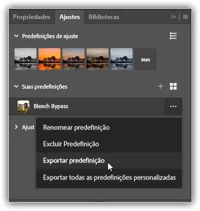 Escolhendo Exportar predefinição.