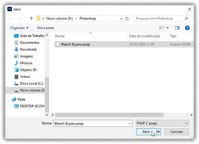 Selecionando e importando a predefinição salva.