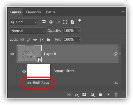 O painel Layers mostrando o filtro inteligente High Pass.