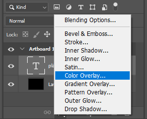 Texto efeito plástico fácil do Adobe Photoshop: Selecionando o estilo de camada 'Color Overlay'.