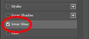 Texto efeito plástico fácil do Adobe Photoshop: Clicando nas palavras 'Inner Glow' na lista de Layer Styles.