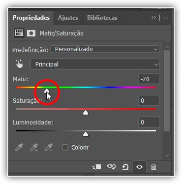 Altere a cor do texto arrastando o controle deslizante “Matiz”.
