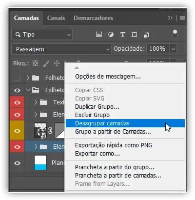 Escolha "Desagrupar camadas" no menu.