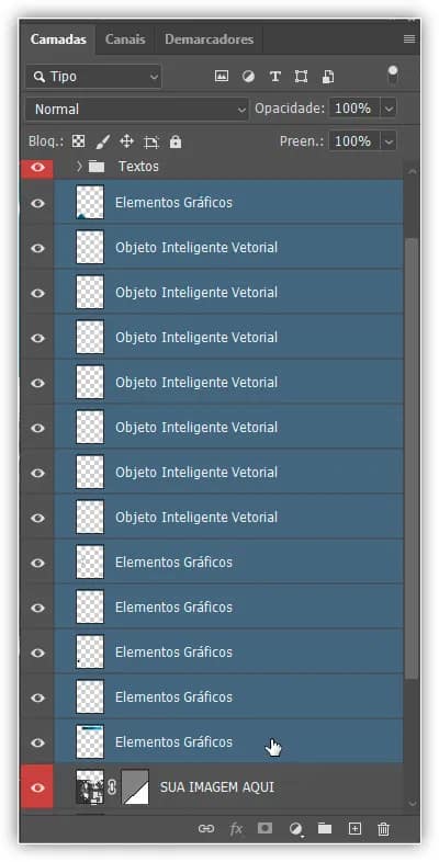 Segurando Shift e clicando na camada inferior para selecionar todas as 13 camadas de uma vez.