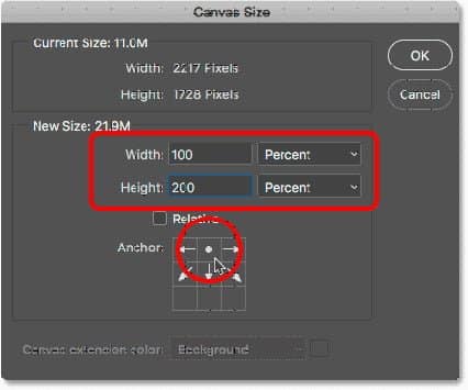A caixa de diálogo Tamanho da tela. efeito de reflexo no Photoshop com ondulações