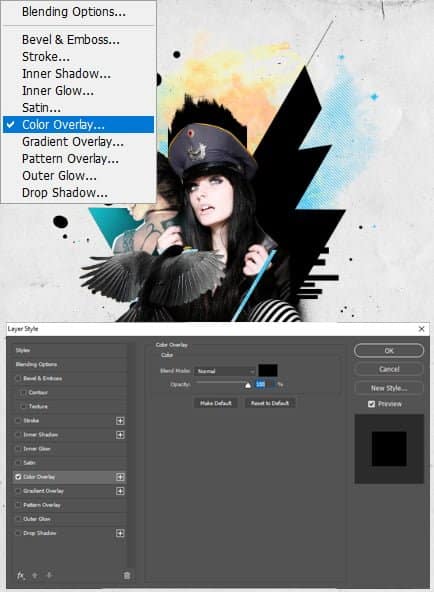Aplique Color Overlay usando a caixa de diálogo Layer Style.