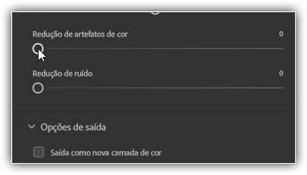 Os controles deslizantes de Redução de artefato de cor e Redução de ruído.