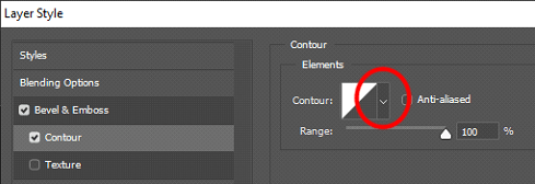Efeitos de texto do Adobe Photoshop: Clicar na seta apontando para baixo ao lado da miniatura de visualização do contorno.
