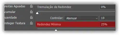 Aumente o valor mínimo de arredondamento se quiser evitar que a ponta do pincel fique completamente plana.