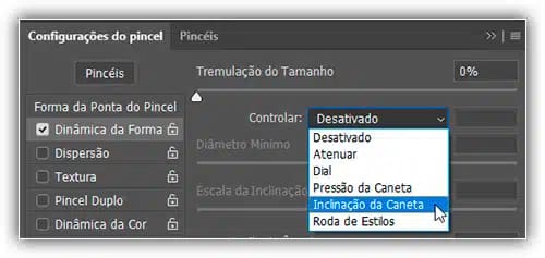 Inclinação da caneta é outra opção especificamente para usuários de mesa digitalizadora.