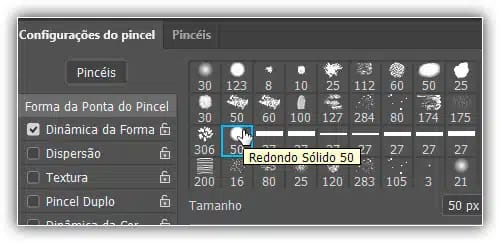 Clique em "Forma da Ponta do Pincel" no canto superior esquerdo do painel Pincéis para escolher uma nova ponta de pincel na lista.