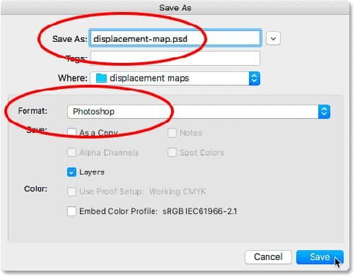 Nomeando e salvando o mapa de deslocamento como um arquivo .PSD do Photoshop.