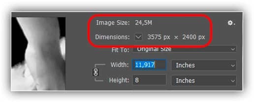 Aumentar a resolução da imagem aumentou as dimensões em pixels e o tamanho do arquivo.