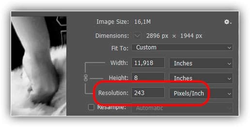 Aumentar a largura e a altura reduziu a resolução para menos de 300 ppi.