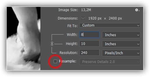 Desative a Reamostragem, insira a nova Largura e Altura e, em seguida, verifique a Resolução.
