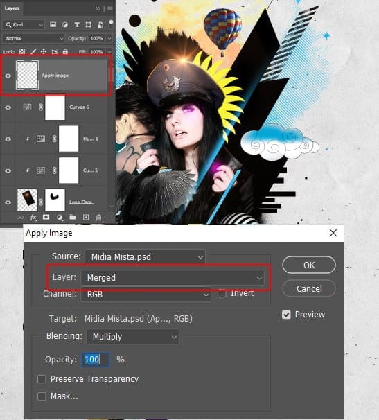 Usaremos o comando Aplicar imagem (Apply Image) para conseguir isso.
