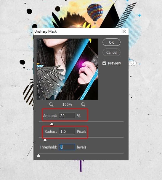 Agora podemos aplicar o filtro de máscara de nitidez a esta camada.
