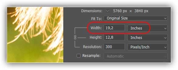 Se dividirmos 5760 pelo valor de resolução atual de 300, obtemos 19,2.