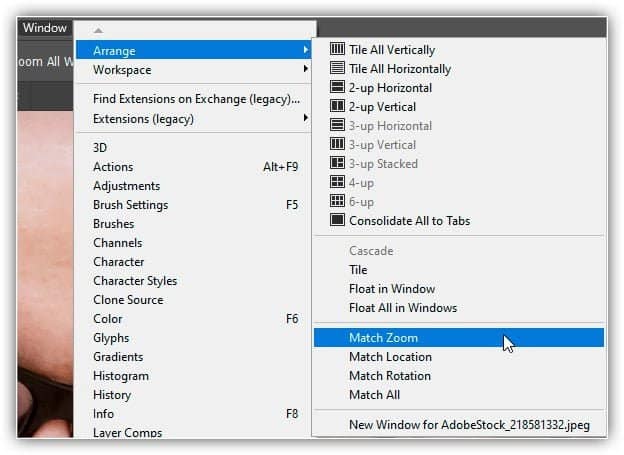 Use o comando "Match Zoom" para corresponder instantaneamente o nível de zoom para todas as imagens abertas.