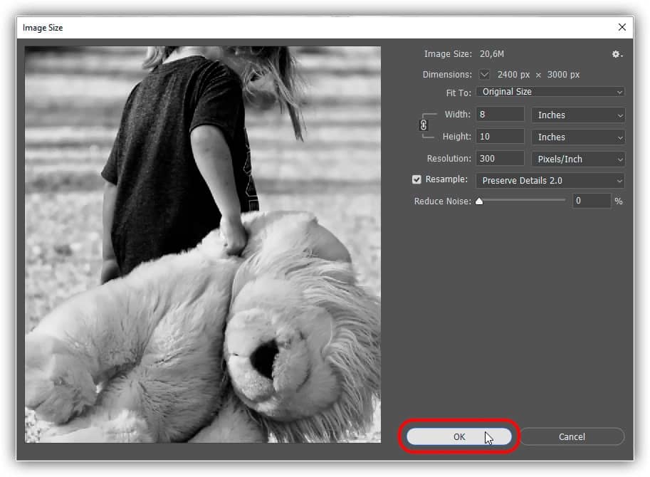 Clique em OK para redimensionar a imagem.